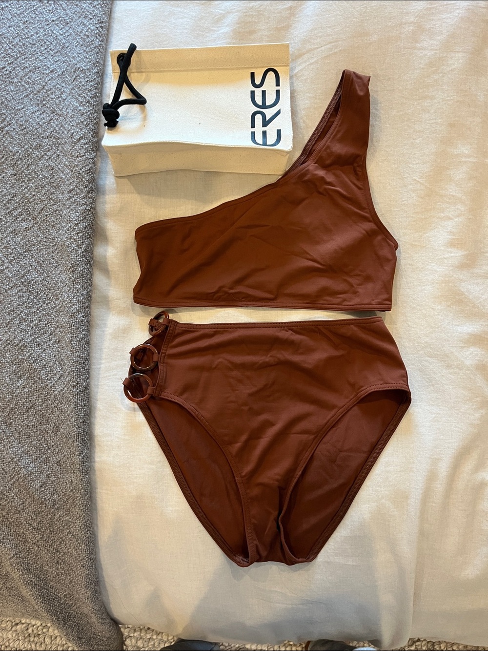 Asymmetric One-Shoulder High-Waist Bikini in Warm Brown